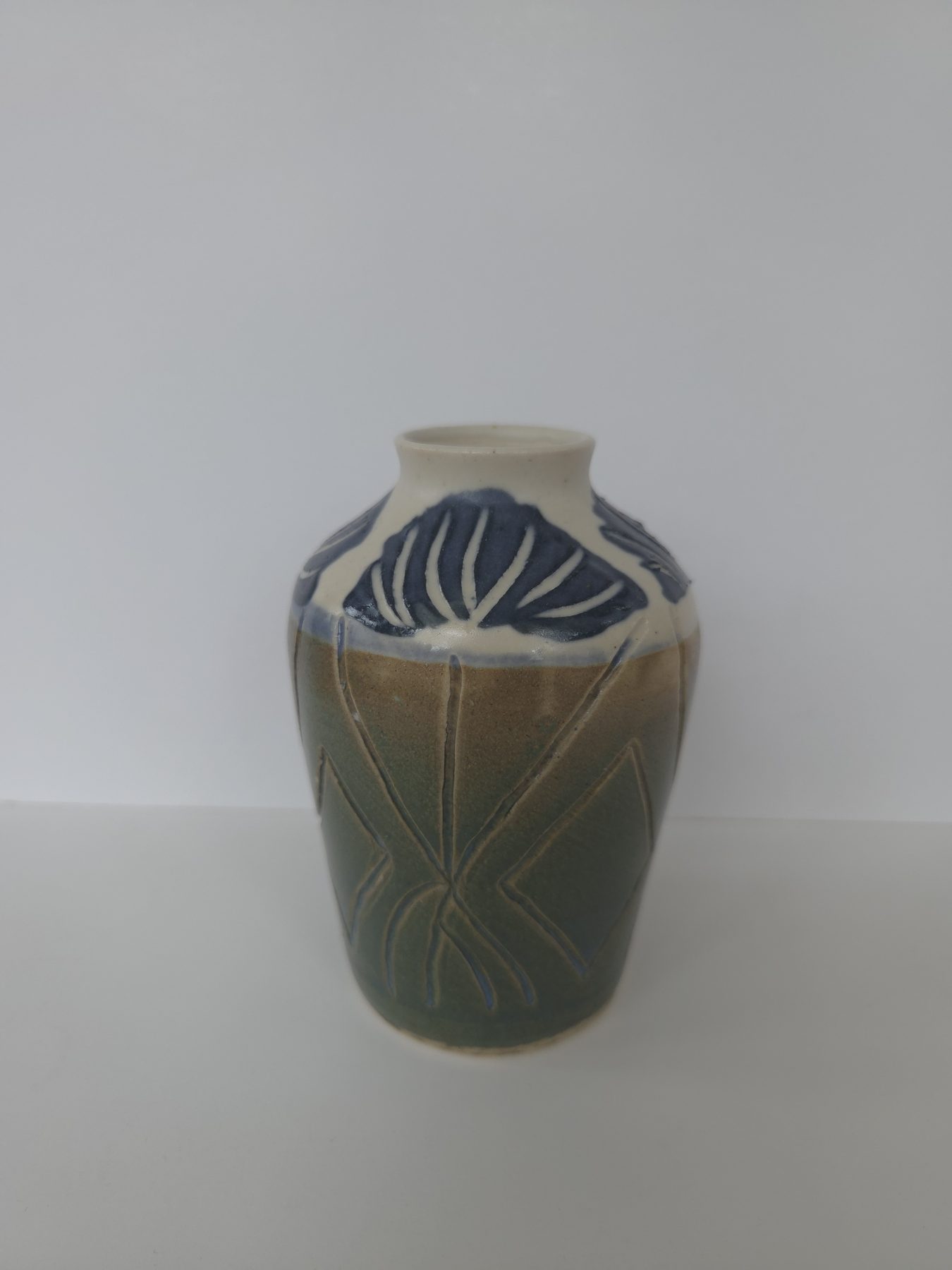 Vase, White, ironwood green, blue decoration